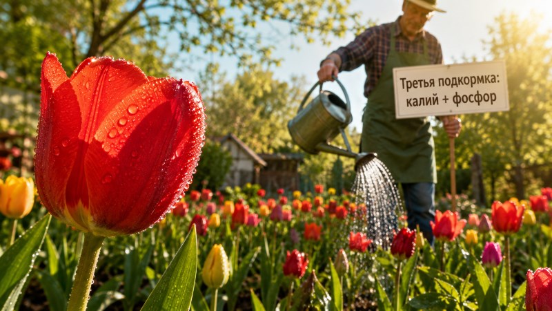 Красный тюльпан с каплями росы, садовник поливает цветы калийно-фосфорным удобрением.