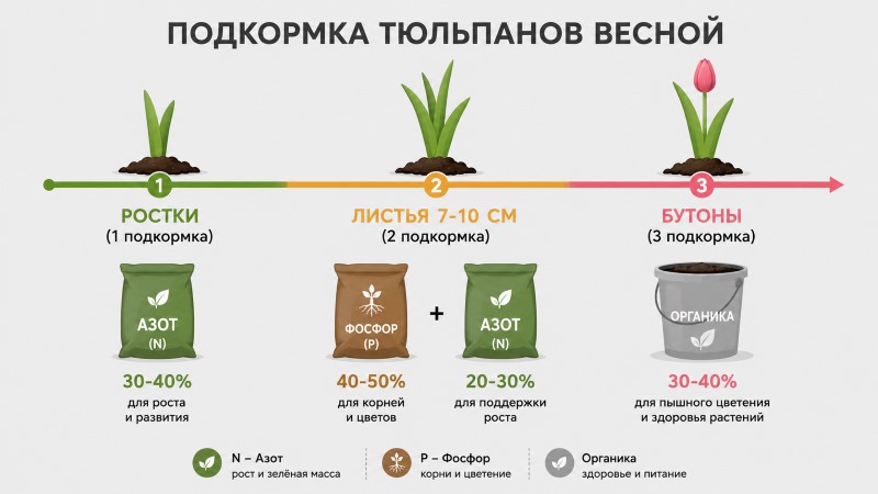 Инфографика: схема весенней подкормки тюльпанов по этапам роста с указанием азота, фосфора и органики.