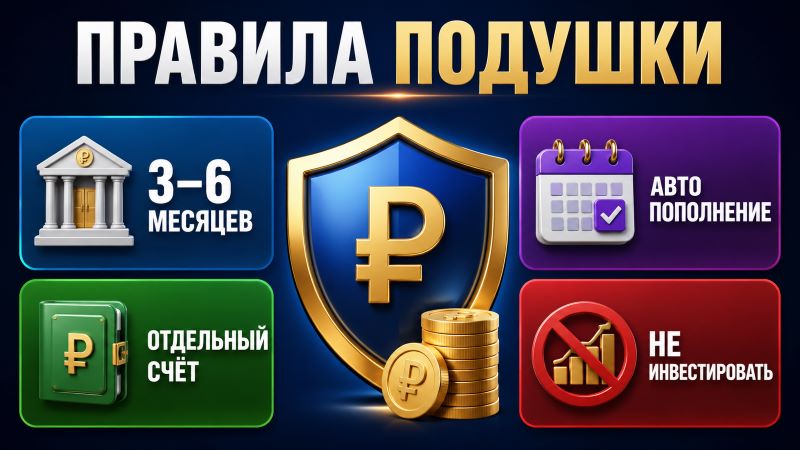 Правила создания финансовой подушки безопасности: инфографика с рублевым щитом.