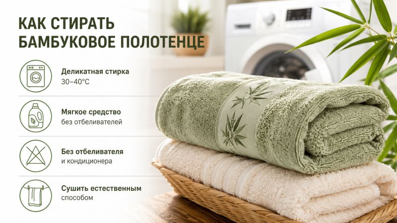 Инфографика по уходу за бамбуковым полотенцем: стирка, моющее средство и сушка