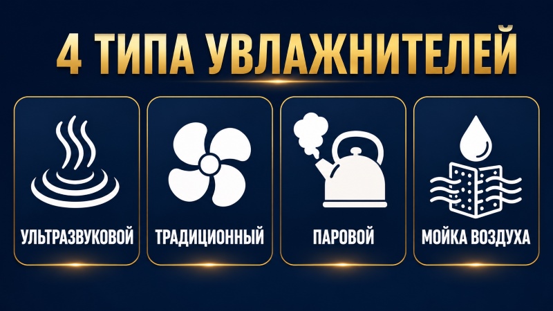 4 типа увлажнителей: ультразвуковой, традиционный, паровой и мойка воздуха