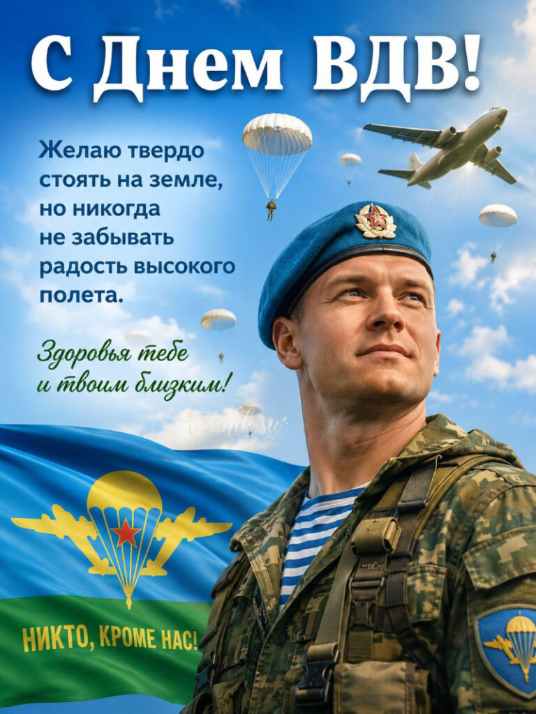 Плакат с Днем ВДВ: солдат в голубом берете на фоне неба, парашютов и флага ВДВ.