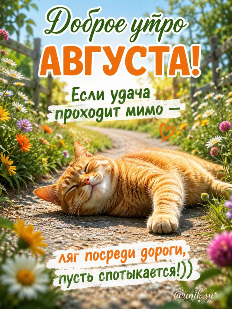 Открытка с добрым утром августа, спящий рыжий кот на дороге и веселое пожелание удачи.