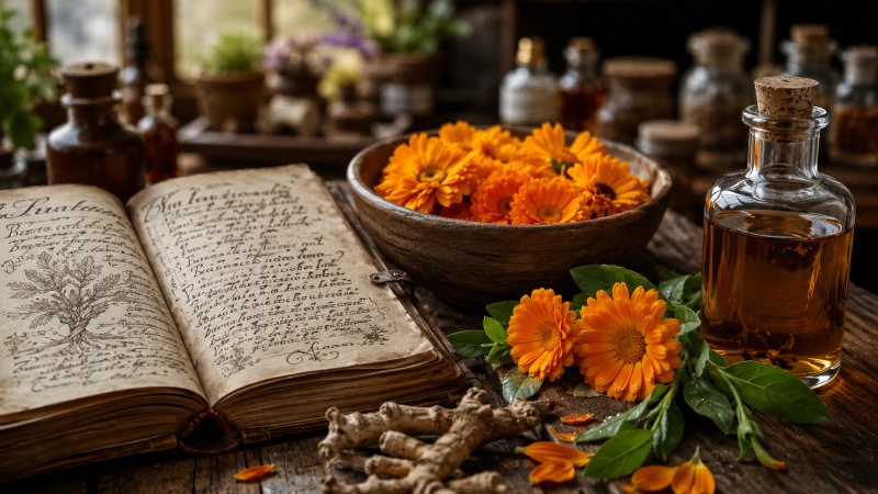 Старинная книга, цветы календулы, корни и стеклянная бутылка на деревянном столе