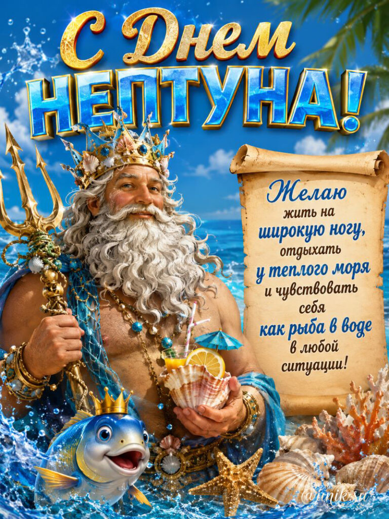 Открытка с Днем Нептуна с пожеланием
