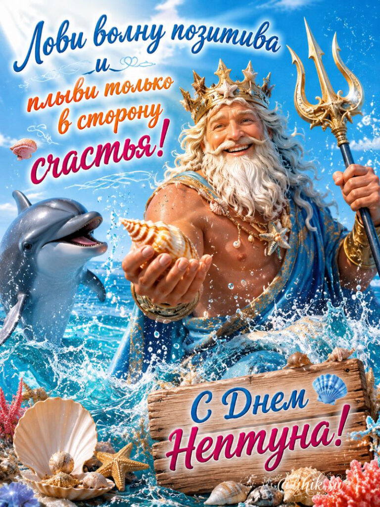 Поздравительная открытка с Нептуном и дельфином к празднику День Нептуна.