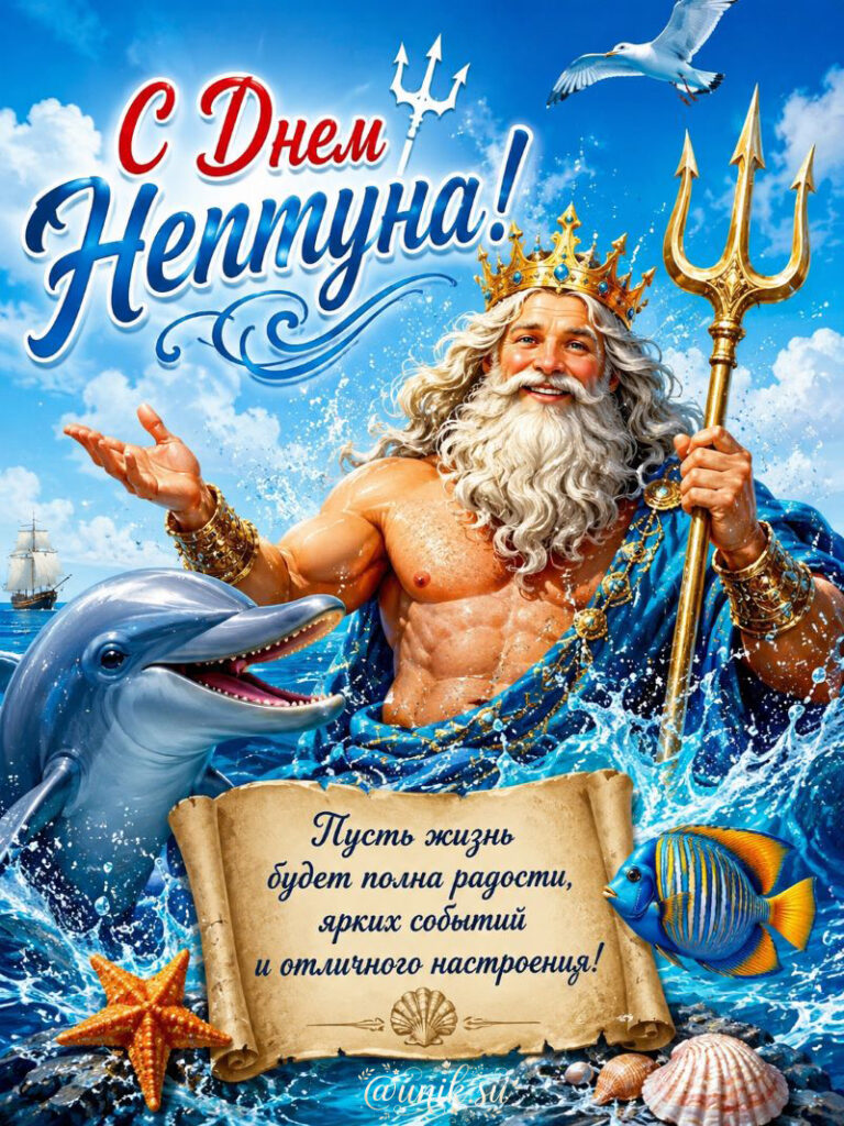 Яркая открытка с Нептуном и дельфином к празднику День Нептуна.