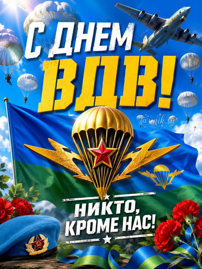 Открытка с Днем ВДВ: флаг, эмблема, голубой берет, красные гвоздики и парашютисты.