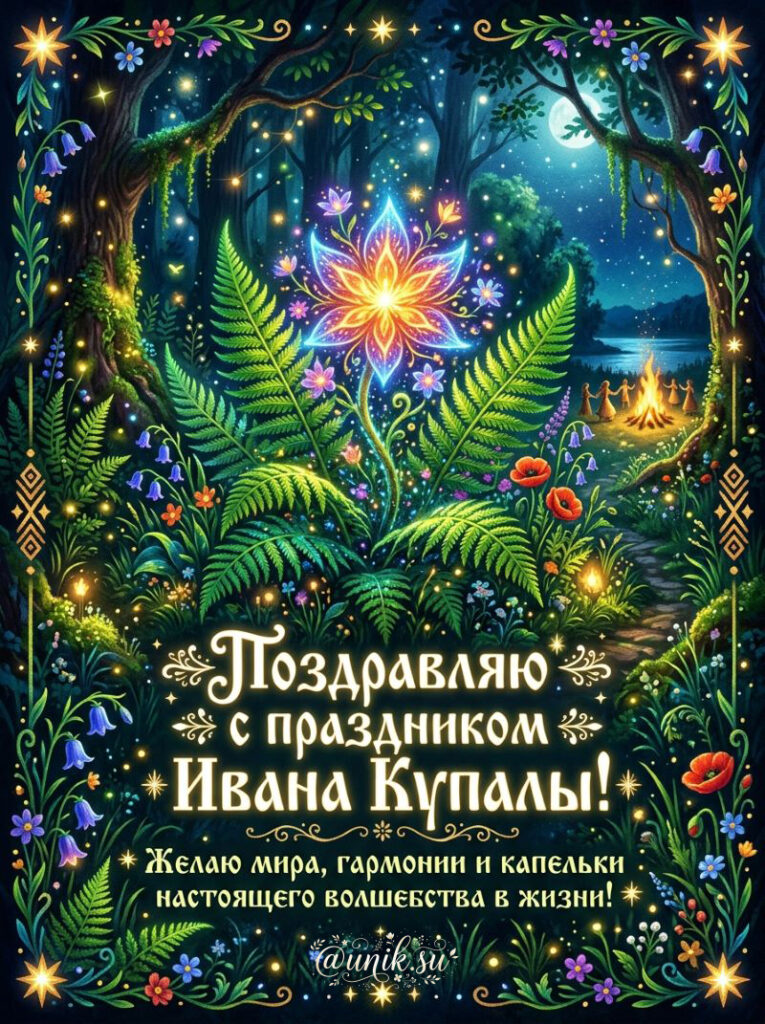 Волшебный ночной лес с цветущими растениями, светящимся цветком, людьми у костра и поздравлением с праздником Ивана Купалы на русском языке.