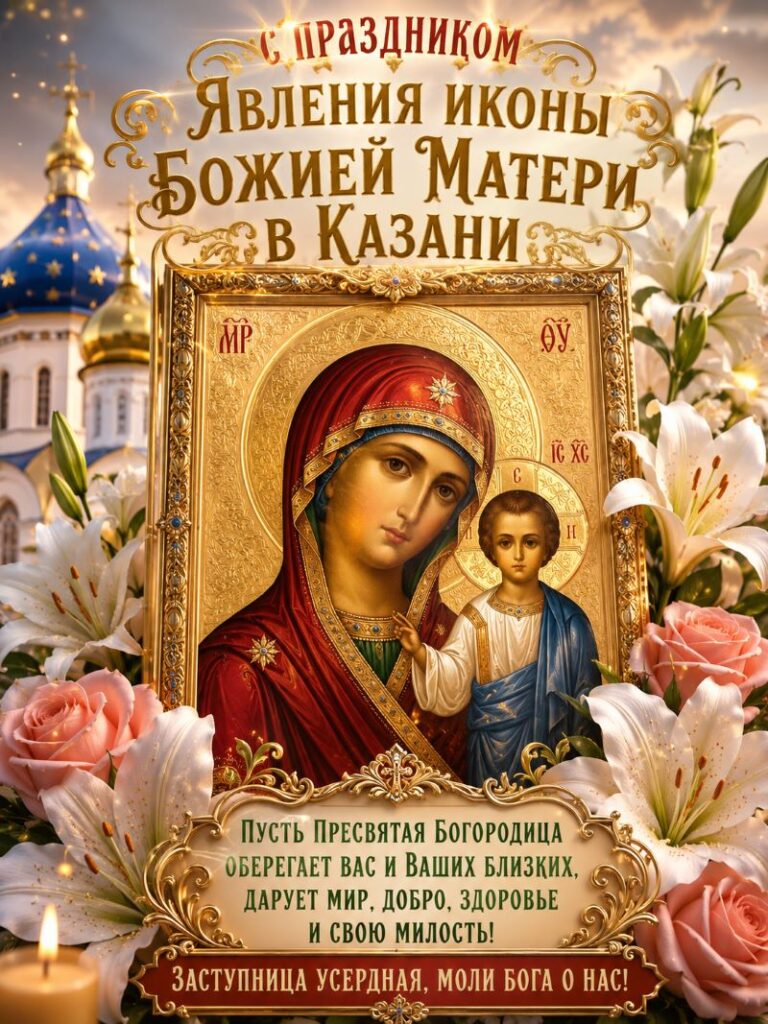 Праздничная икона Казанской Богородицы в цветах на фоне соборов с горящей свечой.
