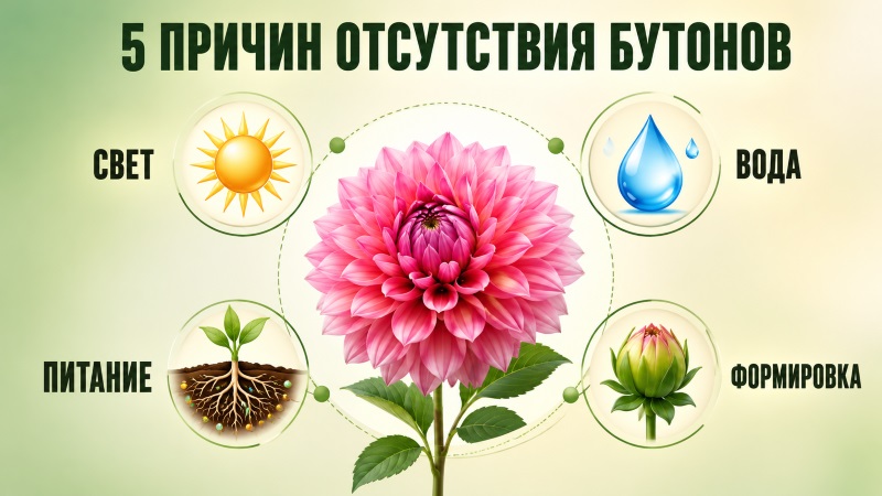 Инфографика 5 причин отсутствия бутонов у георгинов: свет, вода, питание, формировка
