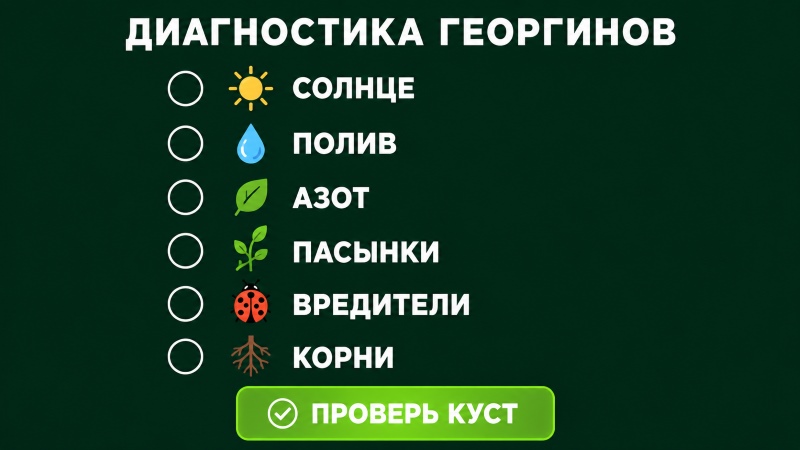 Интерактивный чек-лист диагностики георгинов: солнце, полив, азот, пасынки, вредители, корни