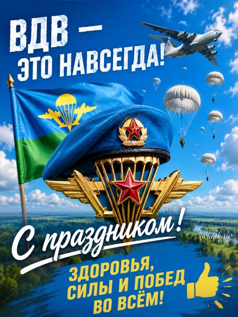 Поздравительная открытка с Днем ВДВ с беретом, флагом, самолетом и парашютистами в небе