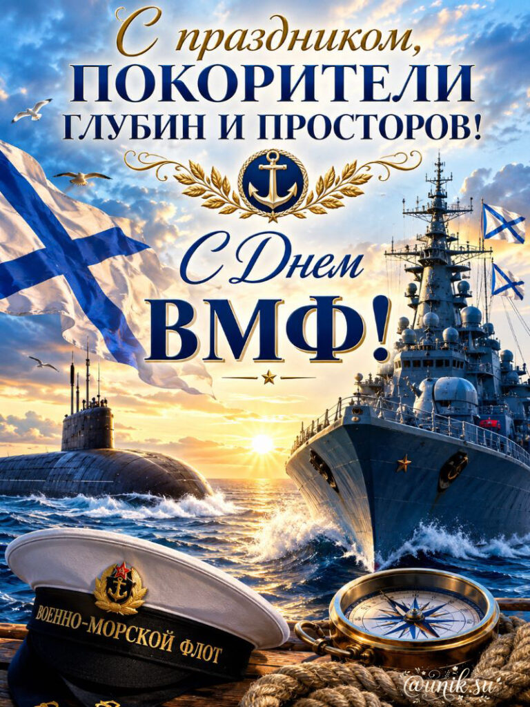 Патриотическая открытка с кораблями и флагом ко Дню Военно-Морского Флота России.