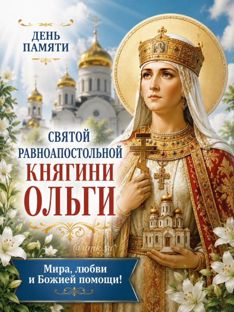 Открытка с иконой святой равноапостольной княгини Ольги и храмом в руках.