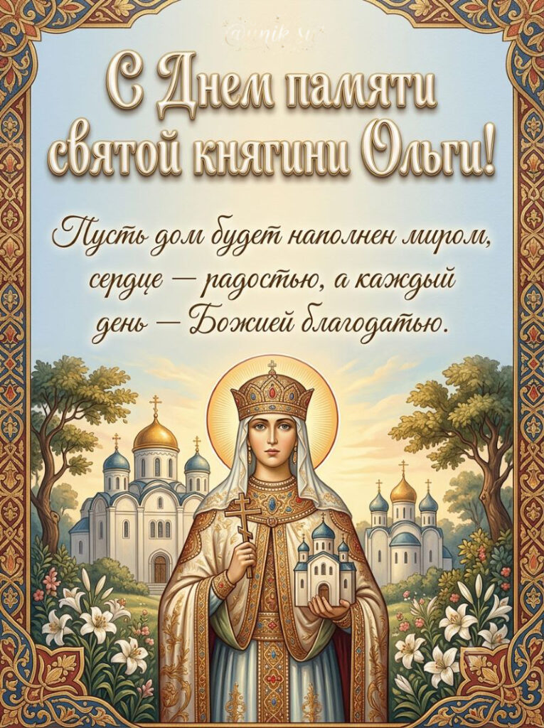 Открытка с иконой княгини Ольги, белым храмом и пожеланием на день памяти.