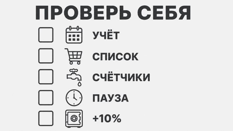 Чек-лист для проверки финансов: учет, список покупок, счетчики, пауза, +10% накоплений.