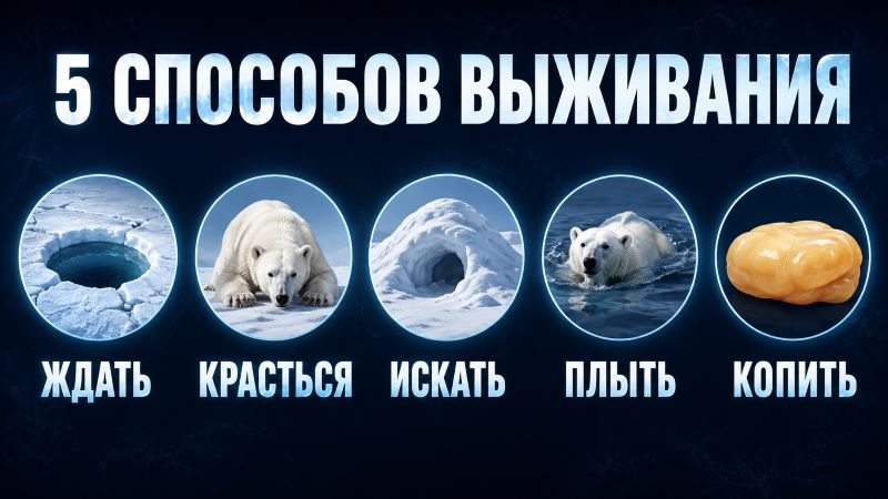 5 способов выживания белых медведей: ждать, красться, искать, плыть, копить