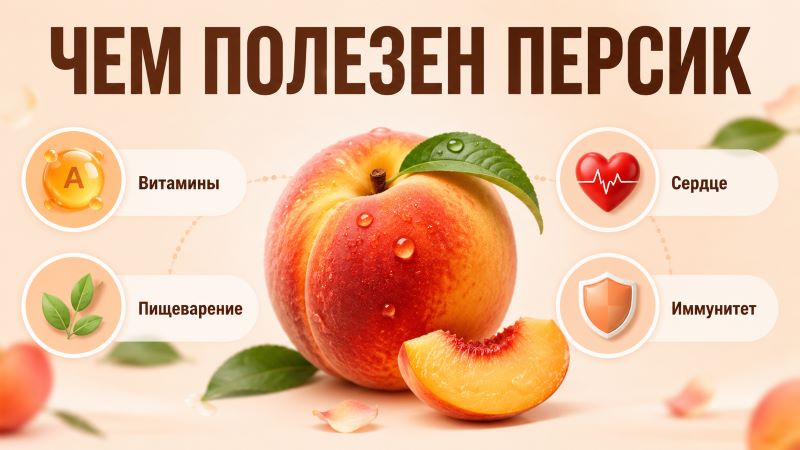 Инфографика о пользе персика: витамины, для сердца, пищеварения и иммунитета.
