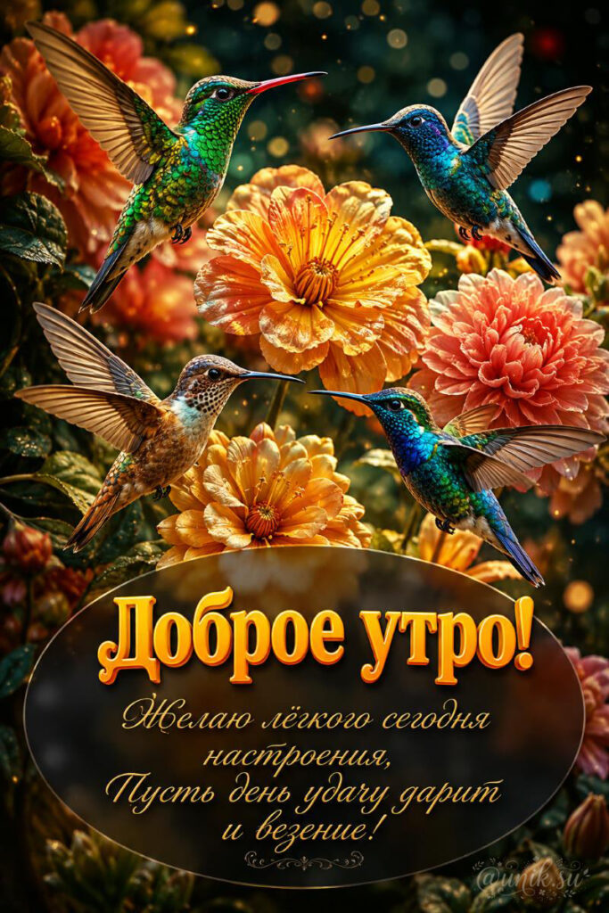 Красивая картинка на доброе утро с колибри, цветами и теплыми пожеланиями на русском.
