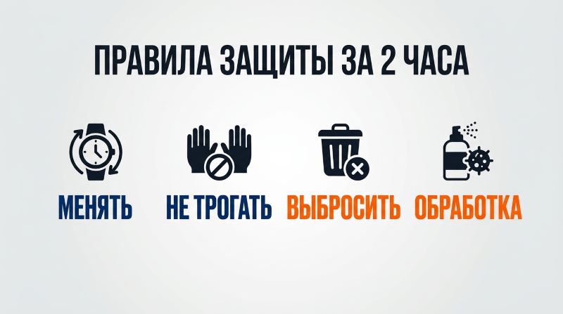Инфографика: правила защиты за 2 часа — менять маску, не трогать, выбрасывать, обрабатывать