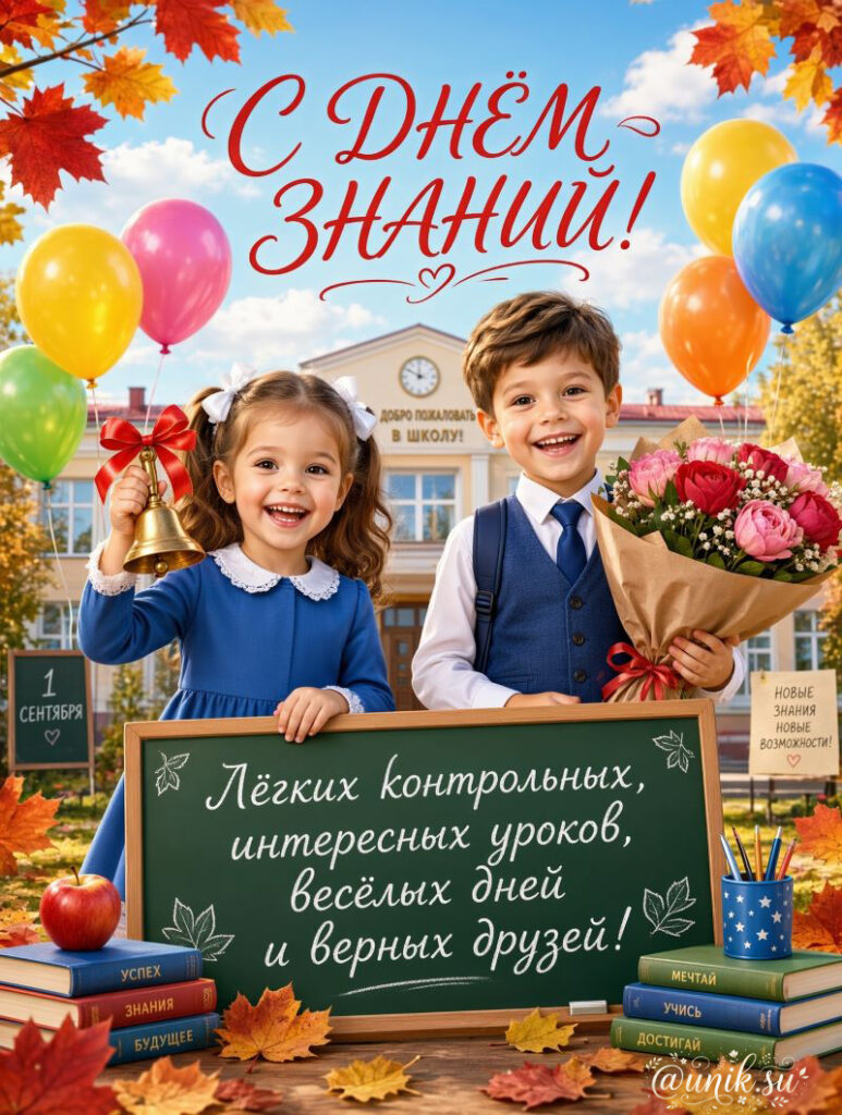 Открытка с Днем знаний: школьники с колокольчиком и цветами у доски