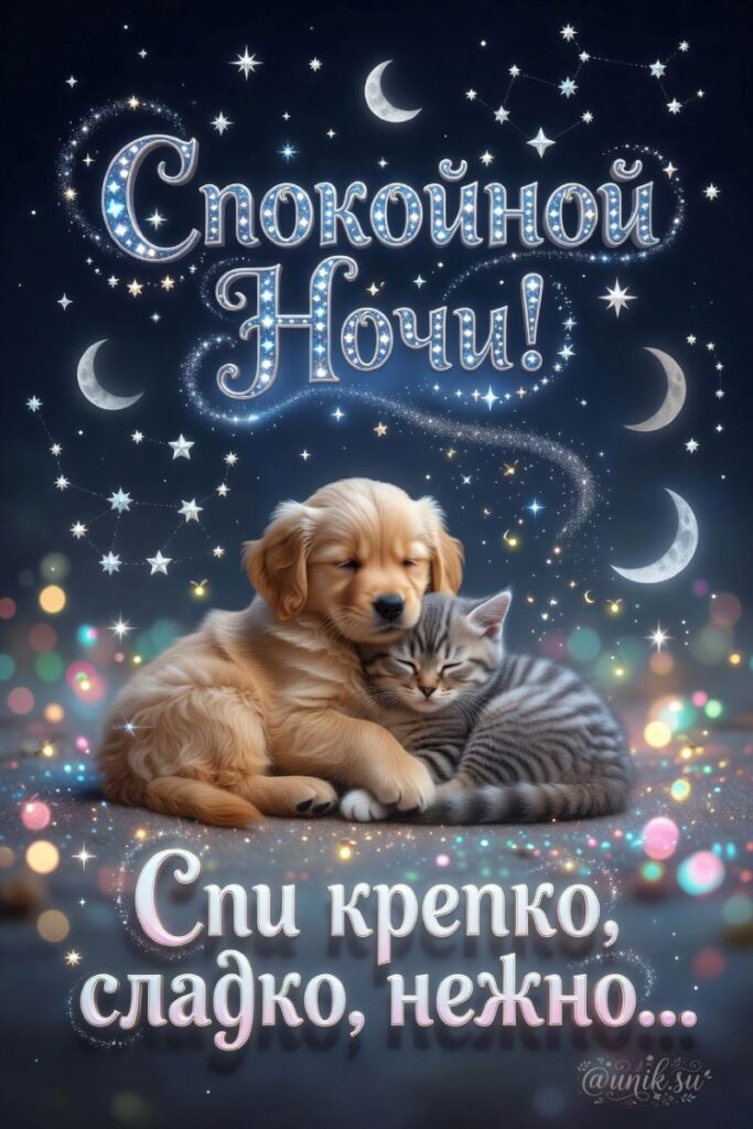 Милая ночная открытка со спящими щенком и котенком с надписью "Спокойной ночи" и пожеланием сладких снов.