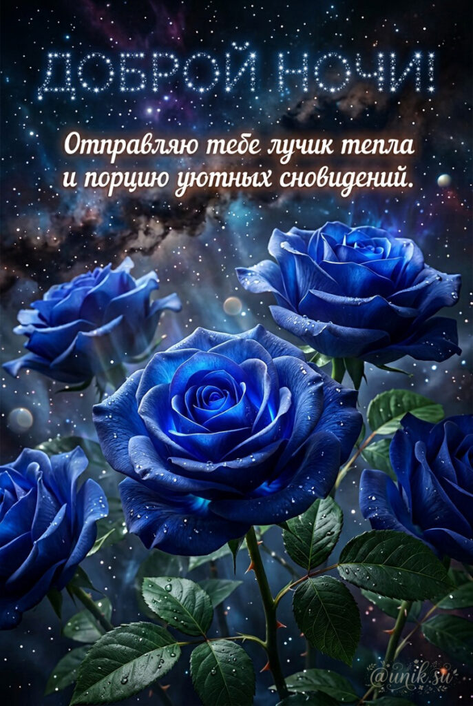 Таинственные синие розы на фоне звездной галактики с пожеланием спокойной ночи и теплых снов.