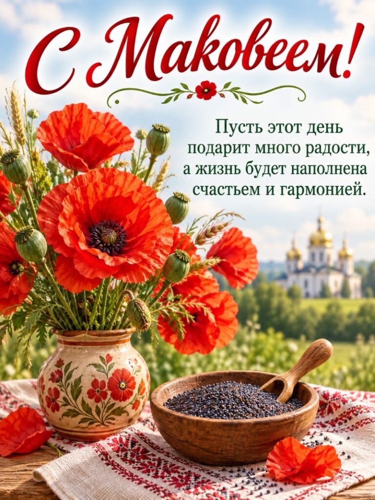Поздравительная открытка с красными маками и маковыми семечками на праздник Маковея.