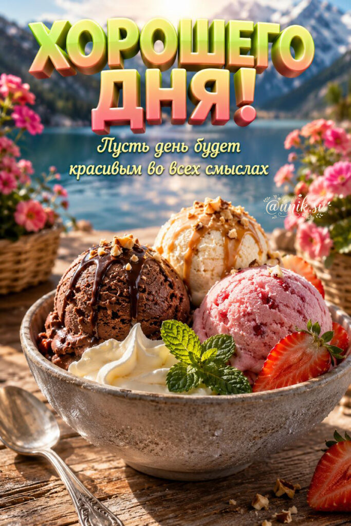 Вкусное мороженое с ягодами и орехами. Открытка с пожеланием хорошего дня на фоне природы.