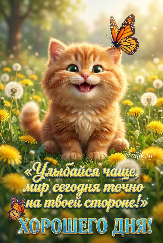 Счастливый рыжий котенок с бабочкой в одуванчиках. Открытка с пожеланием хорошего дня.
