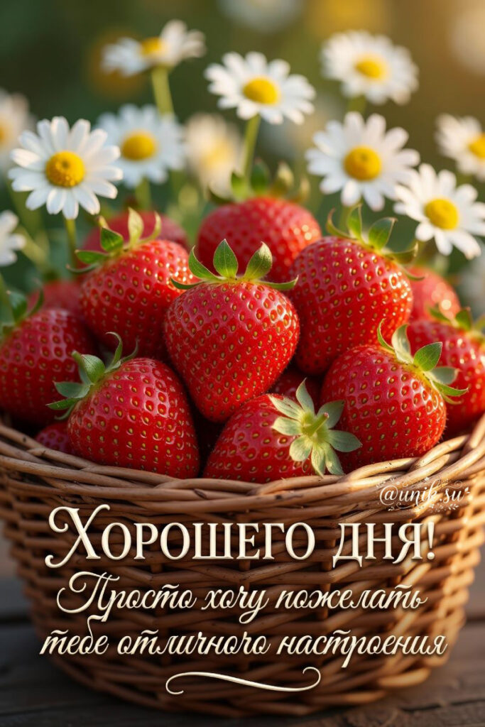 Корзина красной клубники с ромашками на солнце. Открытка с пожеланием хорошего дня.