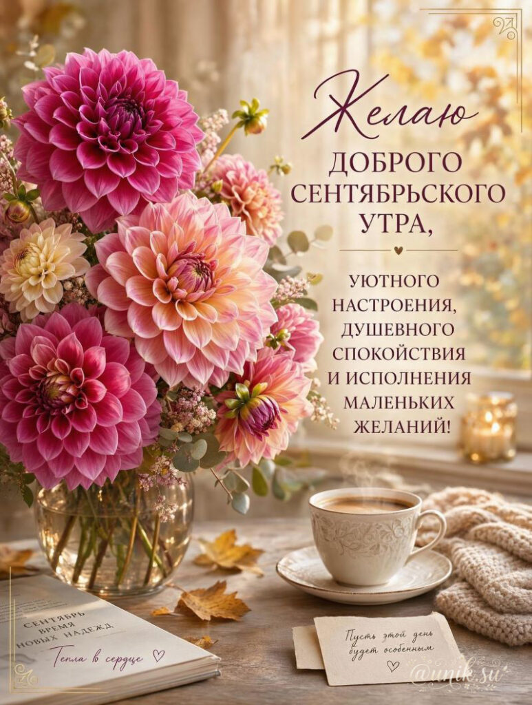 Открытка с добрым сентябрьским утром: розовые георгины, чашка кофе и теплые пожелания уюта.