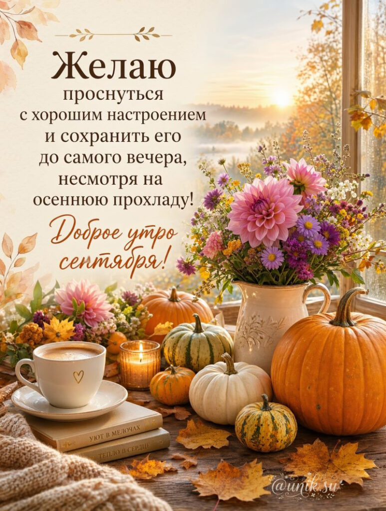 Открытка Доброе Сентябрьское Утро с цветами и тыквой