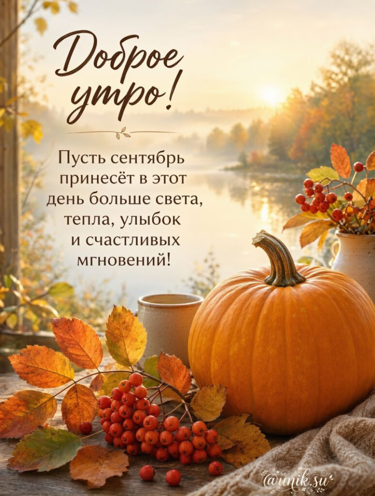 Открытка доброе сентябрьское утро: спелая тыква, гроздья рябины и пожелание света и тепла.