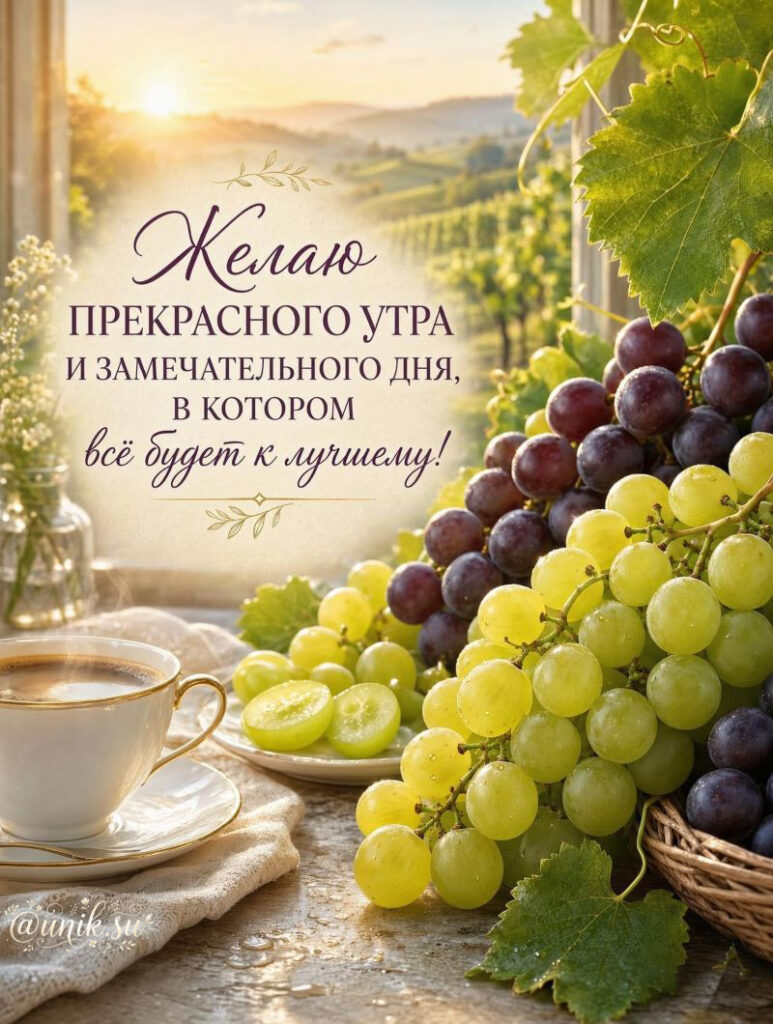 Открытка с пожеланием прекрасного утра: гроздья зеленого и темного винограда, чашка кофе и виноградники.