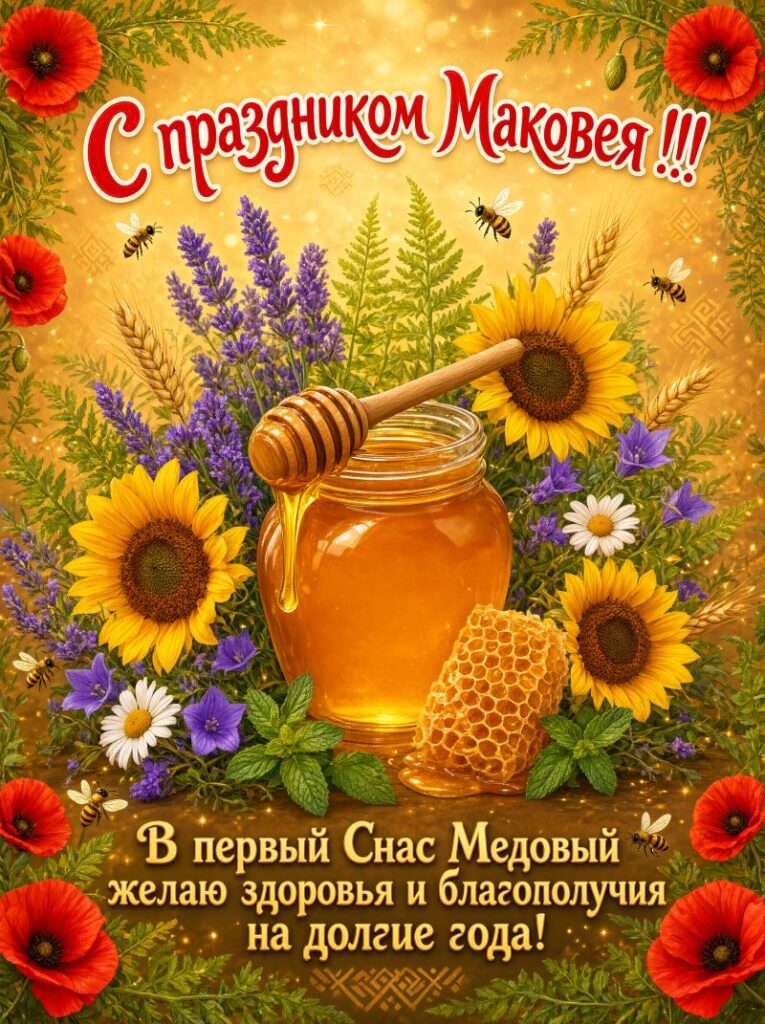 Открытка с Днем Медового Спаса яркая с пожеланием