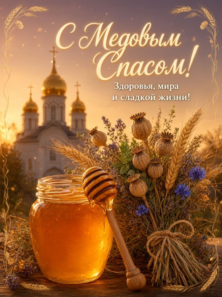 Открытка с Днем Медового Спаса на фоне церкви