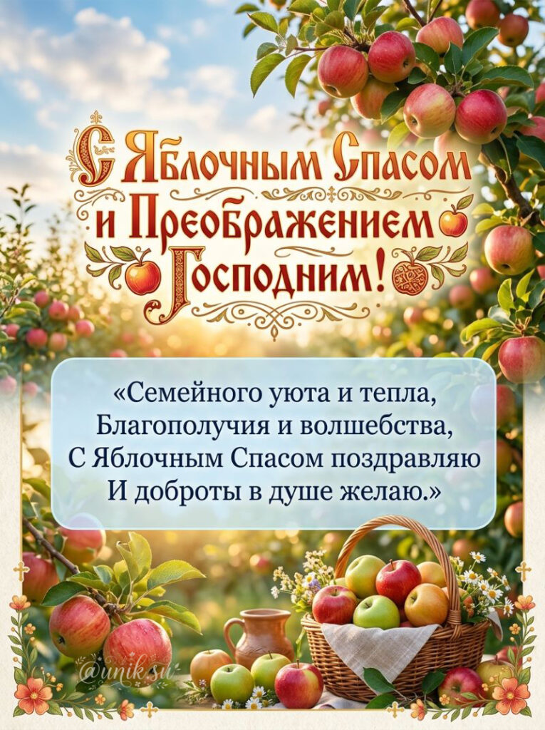 Яркая открытка с яблоками и текстом поздравления с Яблочным Спасом и Преображением Господним.