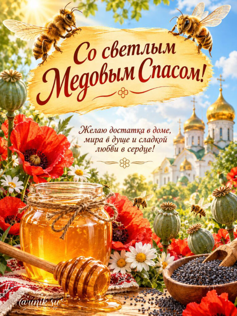 Поздравительная открытка с Медовым Спасом, банка меда, маки, пчелы и церковь.