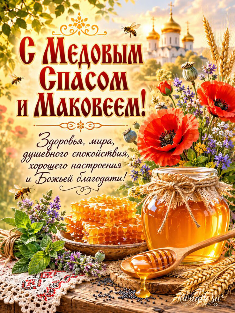 Открытка с Медовым Спасом и Маковеем, банка меда, соты, мак и церковь.