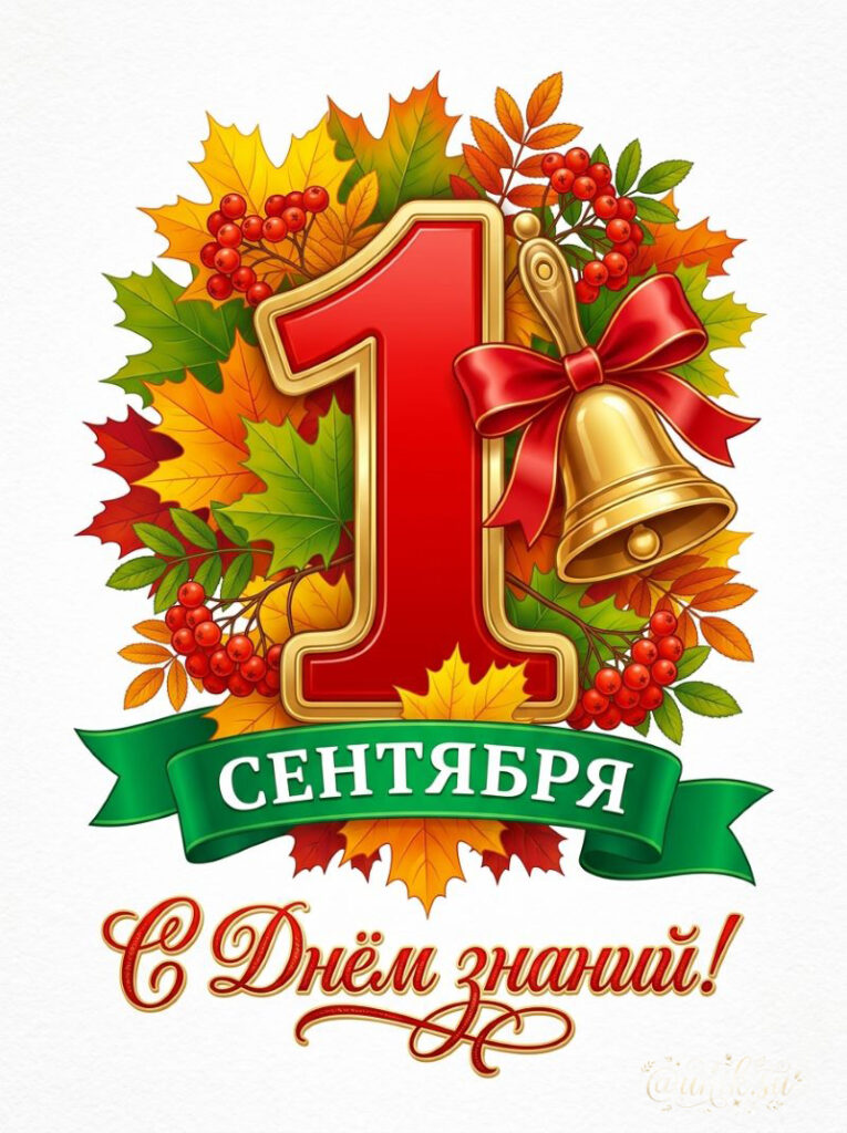 Открытка 1 сентября: цифра 1, колокольчик и осенние листья с рябиной