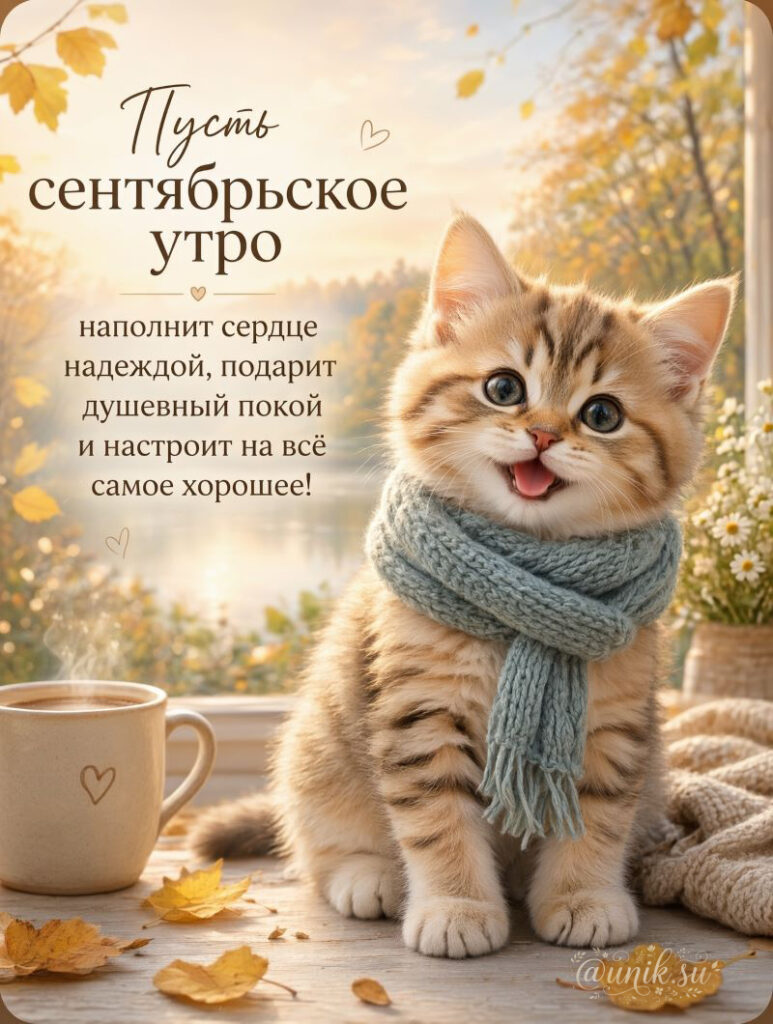 Пушистый рыжий котенок в синем шарфе на фоне осеннего пейзажа с текстом «Пусть сентябрьское утро».
