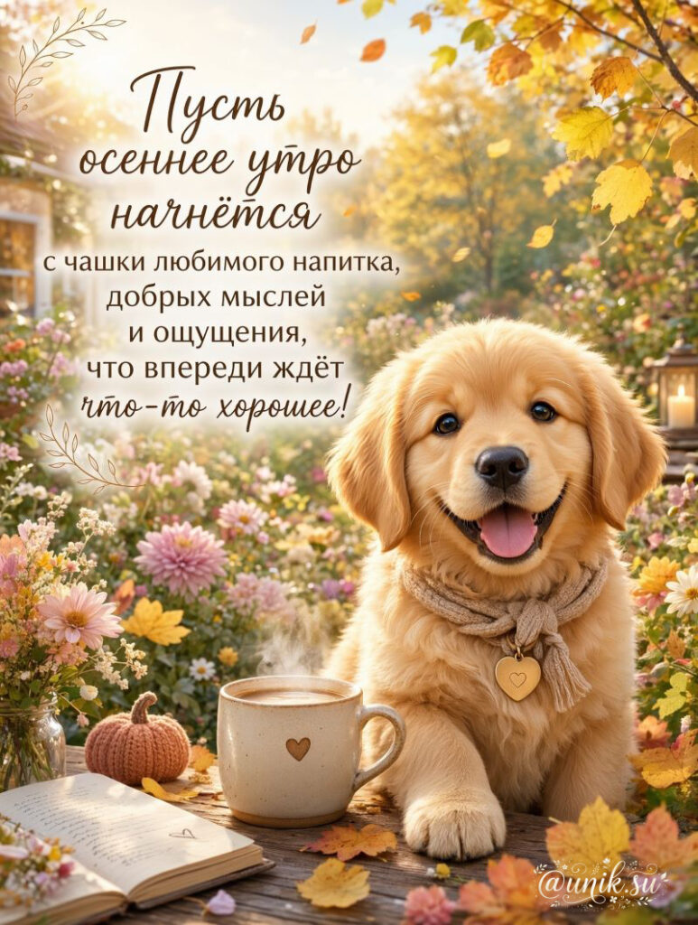 Открытки с Добрым Утром Красивые Сентябрьские с щенком