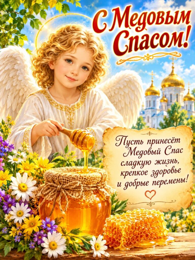 Светлый ангел с медовой палочкой и банкой меда. Поздравление с Медовым Спасом.