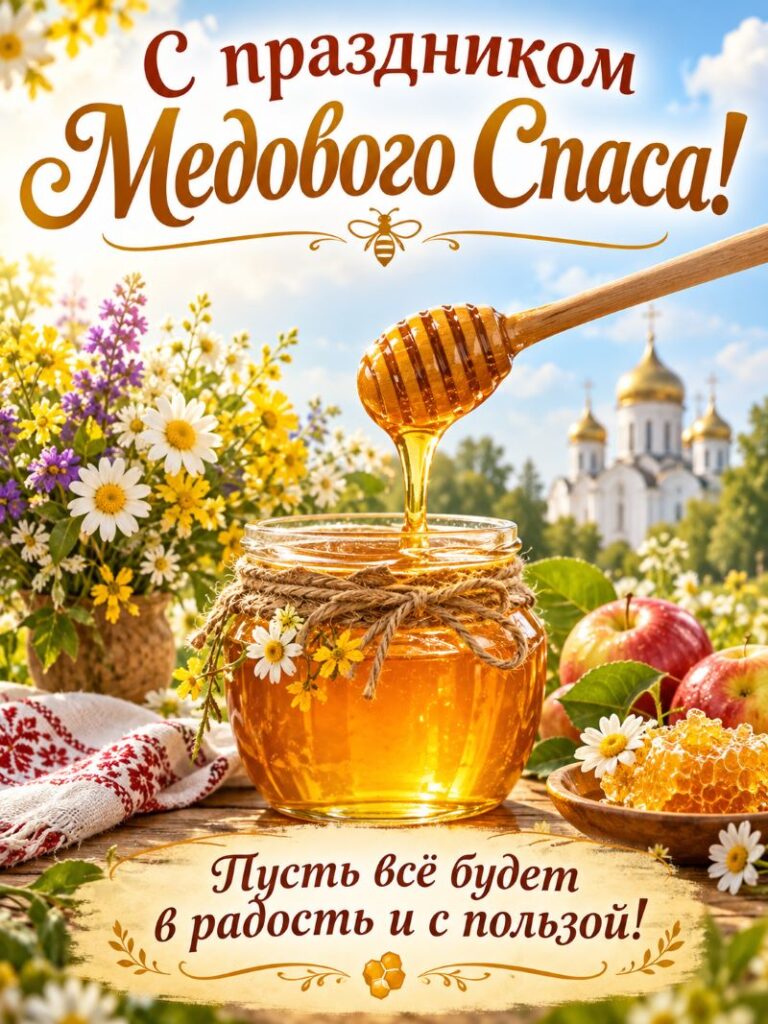 Открытка с медом, яблоками, цветами и храмом в честь Медового Спаса.