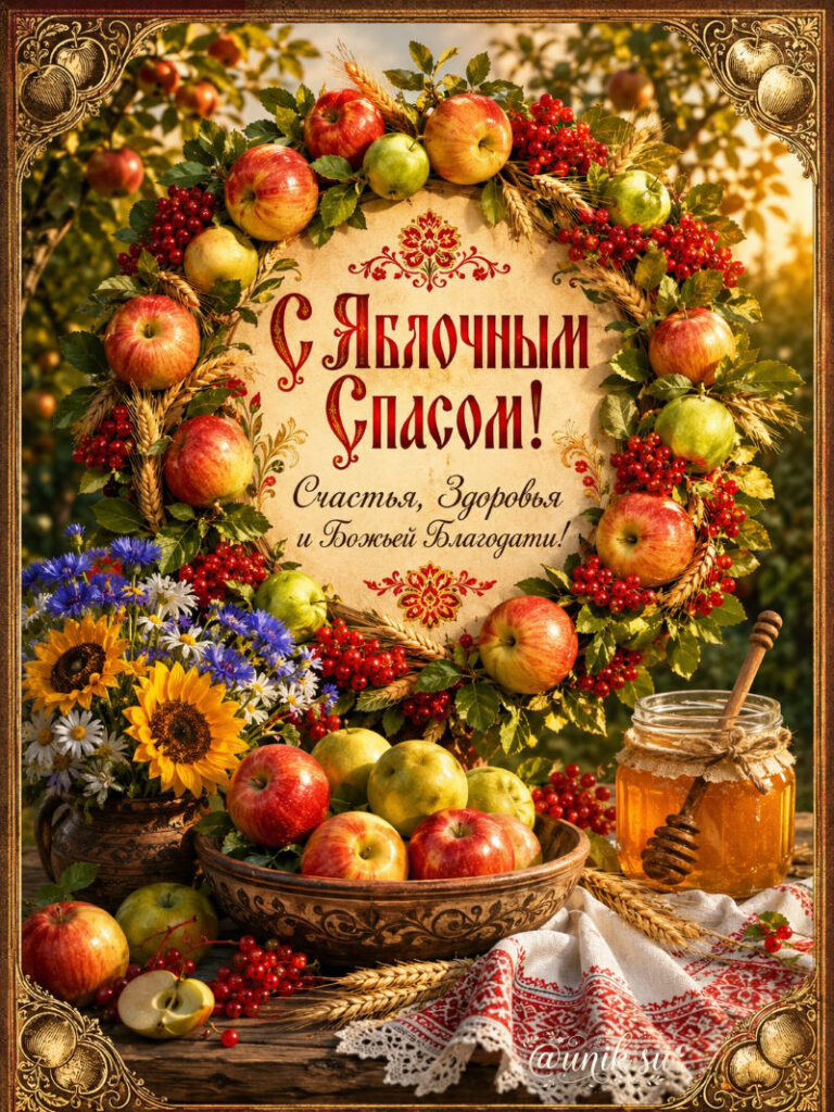 Праздничная открытка с венком из яблок и калины, мёдом и пожеланиями счастья на Яблочный Спас.