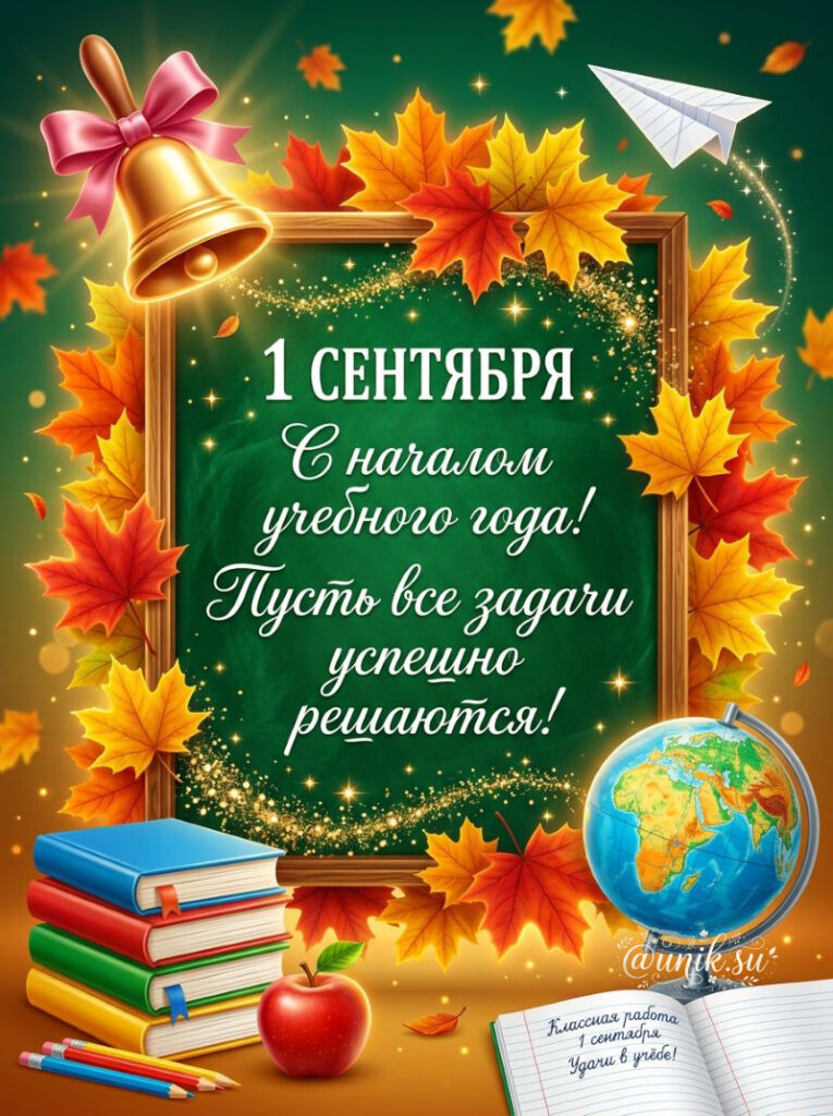 Открытка 1 сентября: школьная доска с поздравлением, колокольчик и глобус