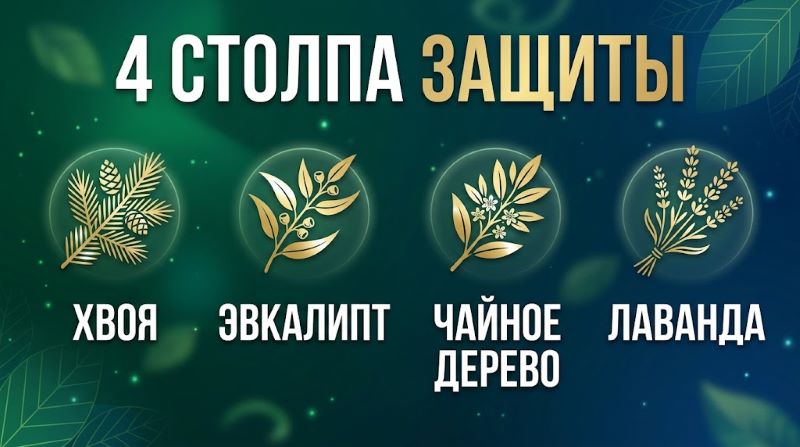 Инфографика с четырьмя эфирными маслами: хвоя, эвкалипт, чайное дерево и лаванда.