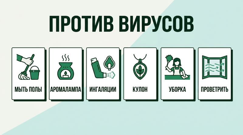 Инфографика с советами по защите от вирусов: мытье полов, аромалампа, ингаляции и проветривание.
